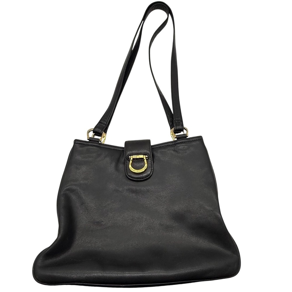 Etienne Aigner Black Leather Shoulder Bag Daks Buckle Gold Tone Hardware